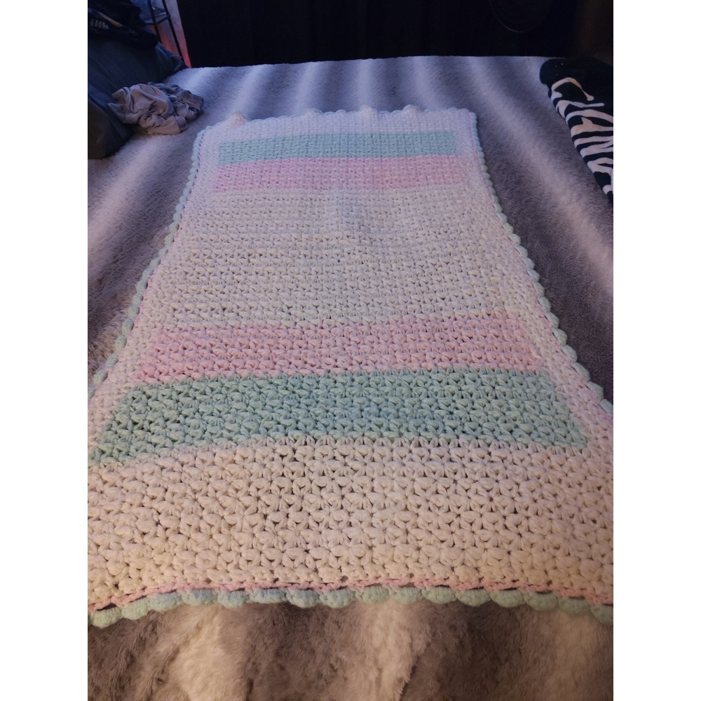 Handmade Crochet Striped Throw Blanket Pastel Pink Mint Cream Scallop 27x60